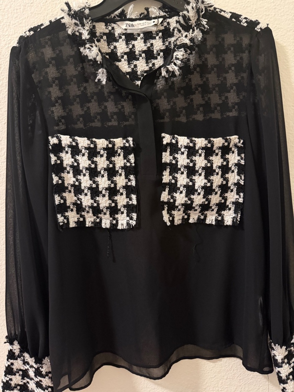 Zara Black Blouse with Black-and-White Houndstooth Tweed Pockets